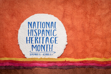 National Hispanic Heritage Month, September 15 - October 15 - text against abstract paper landscape, reminder of cultural and historic event