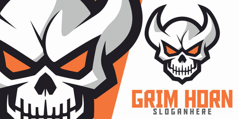 Illustrated Horned Skull: Logo, Mascot, Artwork, Vector Graphic for Sports and E-Sport Squads, Demon Skeleton Mascot with Horned Head.

