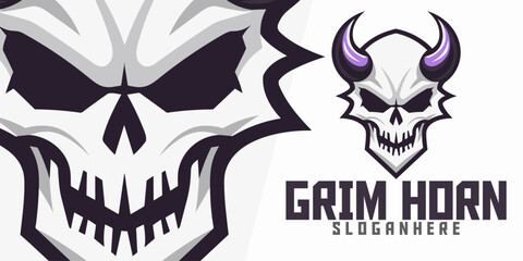 Horned Skull Illustration: Logo, Mascot, Art, Vector Graphic for Sport and E-Sport Gaming Teams, Demon Skeleton Mascot with Horned Face.   © Giu Studios