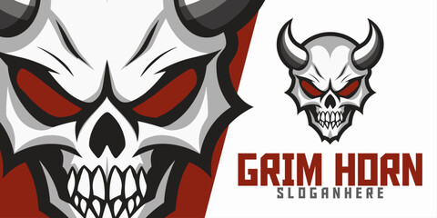 Skull with Horns: Logo, Mascot, Illustrated Art, Vector Graphic for Sports and E-Sport Gaming Teams, Demon Skeleton Head with Horns © Giu Studios