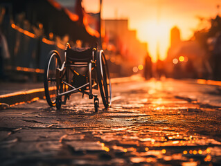 Close-up of a wheelchair during sunset. Generative AI - obrazy, fototapety, plakaty