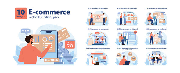 E-store and e-commerce set. Entrepreneur selling goods and gaining