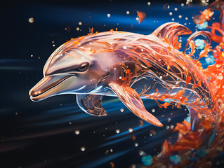 Obraz na płótnie Canvas Multicolored happy dolphin, in the depths of the dark ocean. Generative AI