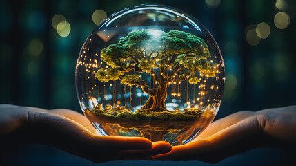 A tree in a transparent glass ball in the hands of a man. Environmental Protection. Ecology. Generative AI - obrazy, fototapety, plakaty
