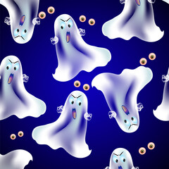 Cute ghosts on blue background. seamless Halloween pattern