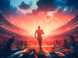 Deurstickers Silhouettes of athletes and sprinters running on the track at the Olympic stadium. The concept of victory and winning. Olympic Games. Generative AI © Daniel