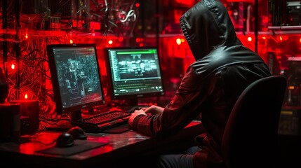 Shrouded in a hooded jacket and immersed in a labyrinth of computer wires and hardware, a hacker hones in on his target. This intricate setup serves as the nerve center for his clandestine operations.