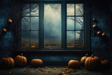 Halloween spooky background, scary pumpkins in old big creepy Happy Haloween ghosts horror house evil haunted castle scene. Creepy dark gothic mysterious night dark backdrop concept.