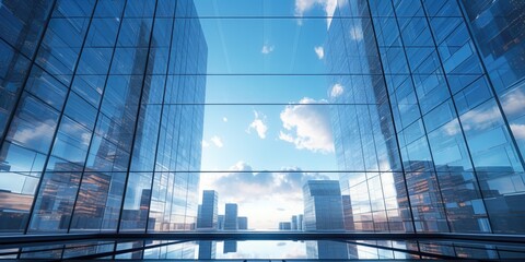 Fototapeta na wymiar Modern Glass Skyscraper Reflecting the Blue Sky in Downtown Metropolis