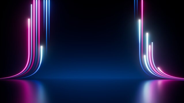 3d render, abstract background with vertical pink blue neon lines glowing in the dark. Digital ultraviolet wallpaper