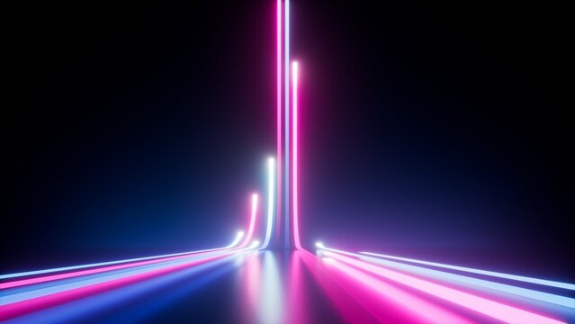 3d render, abstract background with vertical bright neon lines glowing in the dark. Futuristic ultraviolet wallpaper