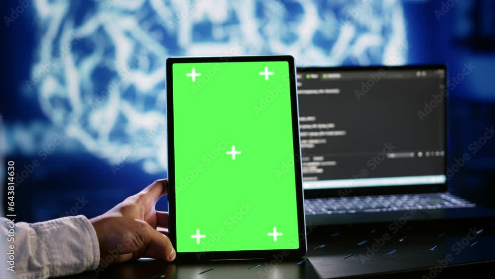 Poster certified admin using chroma key tablet to write artificial intelligence script code in startup work