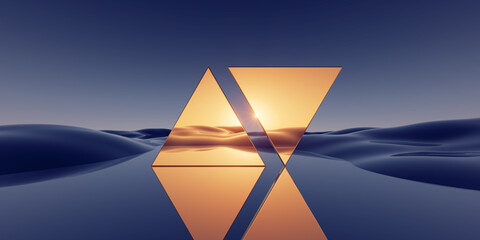 3d render. Abstract minimalist background of fantastic sunset landscape, golden triangular flat mirrors, hills and reflection. Surreal aesthetic wallpaper