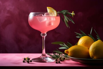 Pink gin cocktail with grenadine, lemon, egg and dark green background in hard light and shadow. Generative AI - obrazy, fototapety, plakaty