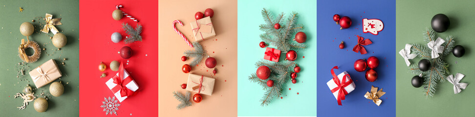 Group of beautiful Christmas compositions on color background