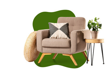 Stylish armchair and table with houseplant on white background
