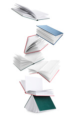 Flying books with blank pages on white background