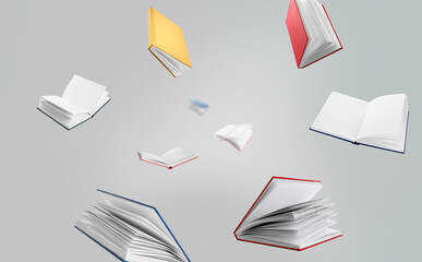 Many flying books on grey background - Powered by Adobe