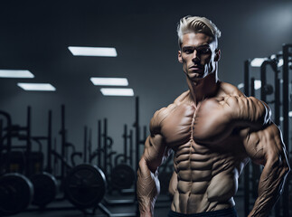 Fototapeta na wymiar Blond Muscular Attractive Man Posing Shirtless at the Gym