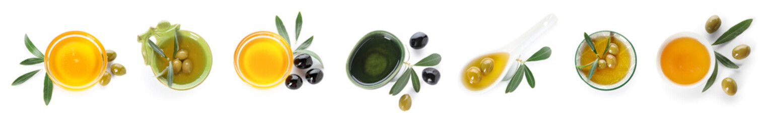 Set of olive oil on white background, top view