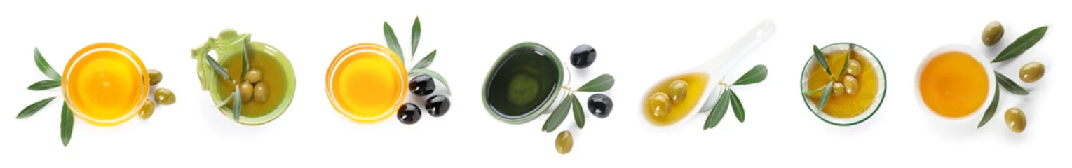 Fototapeten Set of olive oil on white background, top view © Pixel-Shot