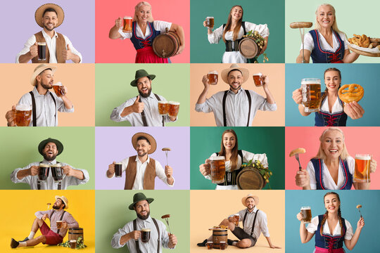 Collage of different happy German people with tasty beer and snacks on color background