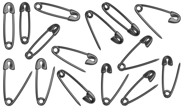 Realistic open and closed black sewing safety pin in different positions. 3D rendered image set.