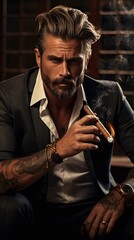 Charming Gentleman in suit smoking a cigar. Generative AI 