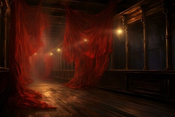 Vacant platform adorned with scarlet drapes and illuminated by a narrow beam of light. Generative AI