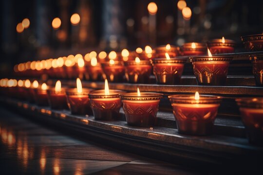 A row of lit candles in a dark church - Faith and Prayer - AI Generated