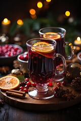 Mulled wine in glass cup. Traditional hot beverage for Christmas holiday and winter cold time. Vertical format. Close up.