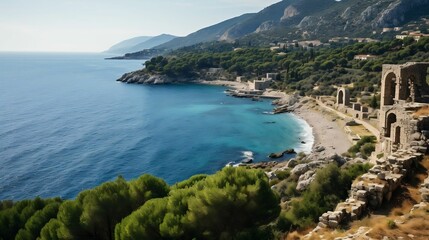 Fototapeta premium Ancient ruins overlooking a tranquil Mediterranean coastline 