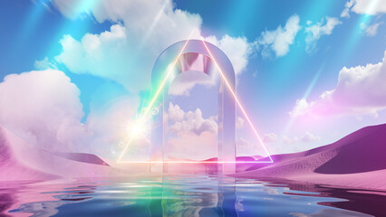 3d render, modern abstract background. Surreal fantastic landscape. Blue sky with white clouds,...