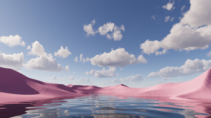 3d render, modern abstract minimalist background. Water in the middle of the pink desert under the blue sky with white clouds. Fantasy landscape - 643816444