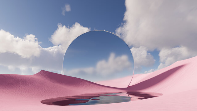 3d render. Abstract panoramic background. Surreal scenery. Fantasy landscape of pink desert with lake and round mirror under the blue sky with white clouds. Modern minimal wallpaper