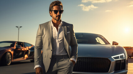 Businessman posing in front of his luxury car - obrazy, fototapety, plakaty