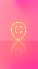 Neon location icon with reflection, on a vertical pink gradient background. Meeting point or location.
