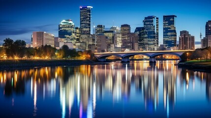 Dazzling city lights reflecting on calm urban river
