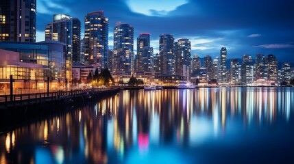Naklejka premium Dazzling city lights reflecting on calm urban river 