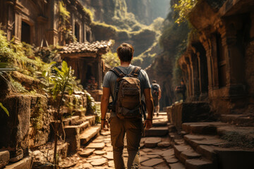 Fototapeta premium Historic Ventures. Tourist exploring ancient ruins, illustrating the interest to go everywhere and uncover history. Generative Ai.