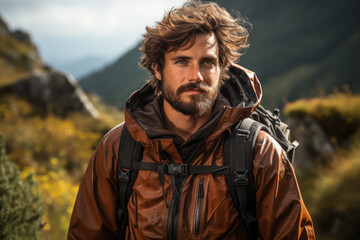Fototapeta premium Backpacker's Journey. Individual hiking in a remote wilderness, showcasing the urge to go everywhere, even off the beaten path. Generative Ai.