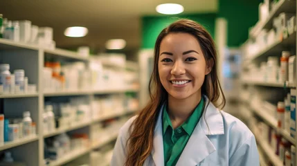 Fotobehang Pharmacist caucasian woman in front of pharmacy shelves © GMZ