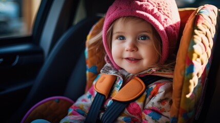 Little affectionate child travels safely in the car seat at the back of the vehicle
