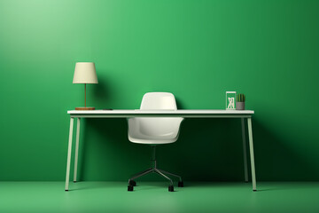 Office workplace desk in front of empty chair isolated on green background 