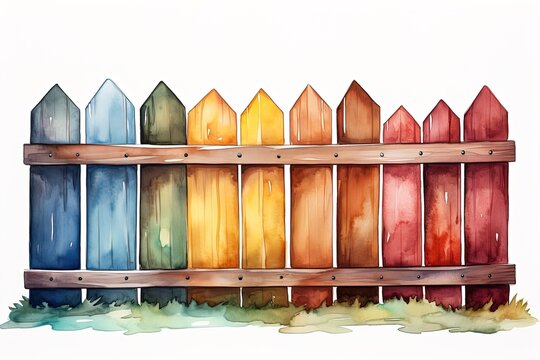 watercolor illustration multicolored wooden fence isolated on white background