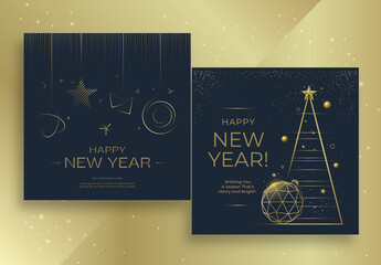 New Year Invitation Card with Christmas Tree Golden Color