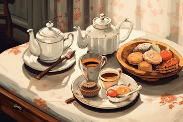 Vintage illustration of an aesthetically pleasing Scandinavian fika tea time with a coffee break. Generative AI