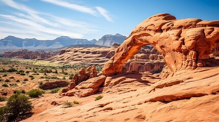 Towering sandstone arches in a desert landscape
