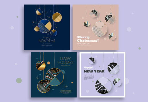 New Year Invitation Cards Layout with Christmas Balls