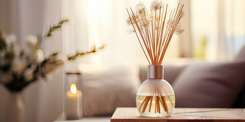 Fototapeta premium Reed diffuser on white table in the living room. Cozy minimalist interior, home fragrances.